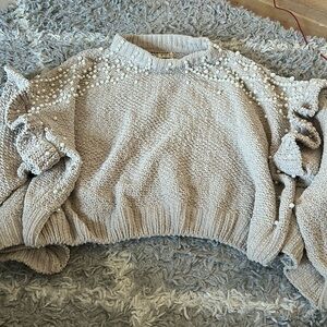 POL Chenille Sweater with Pearl and Ruffle details